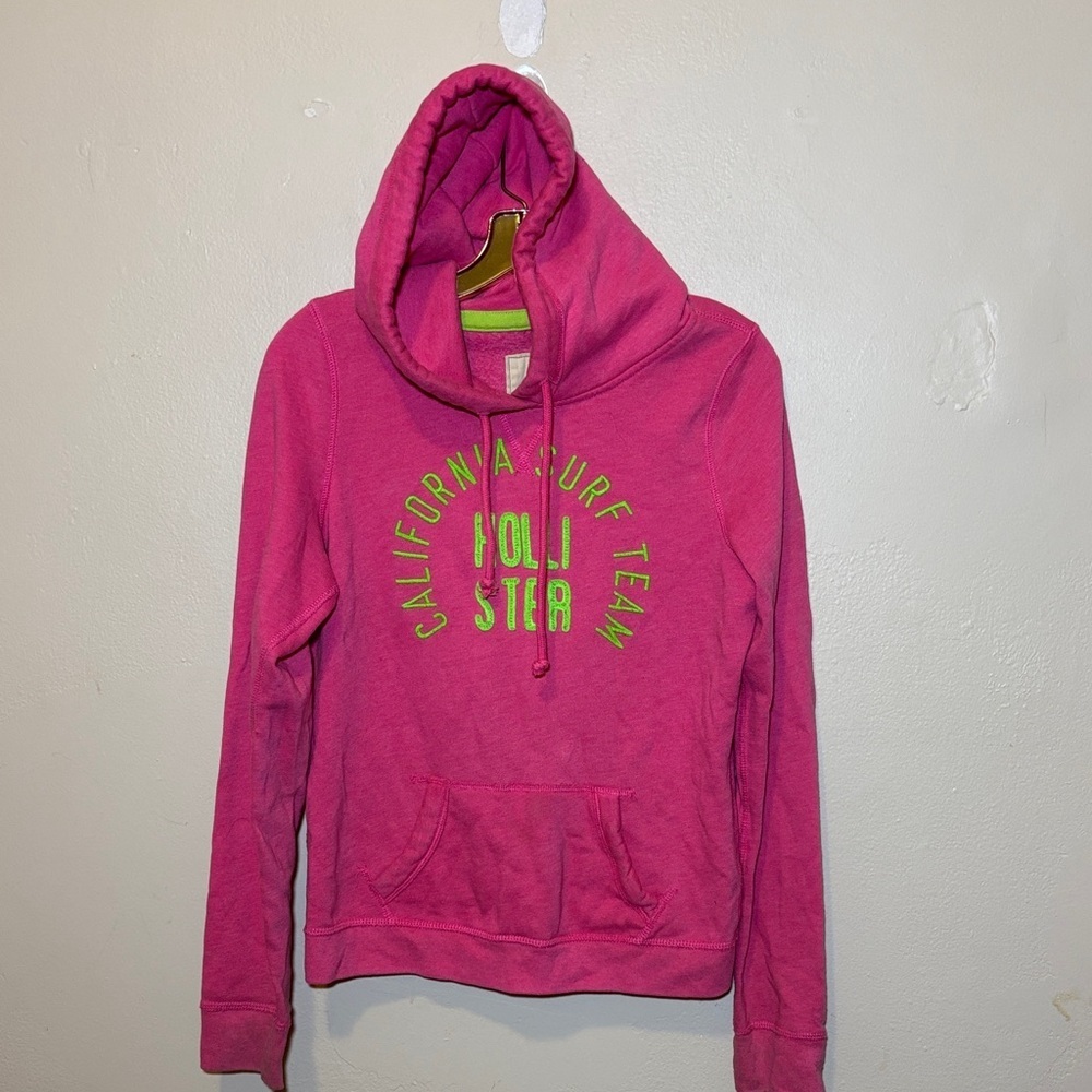 Hollister Pink Hoodie with Lime Green Logo